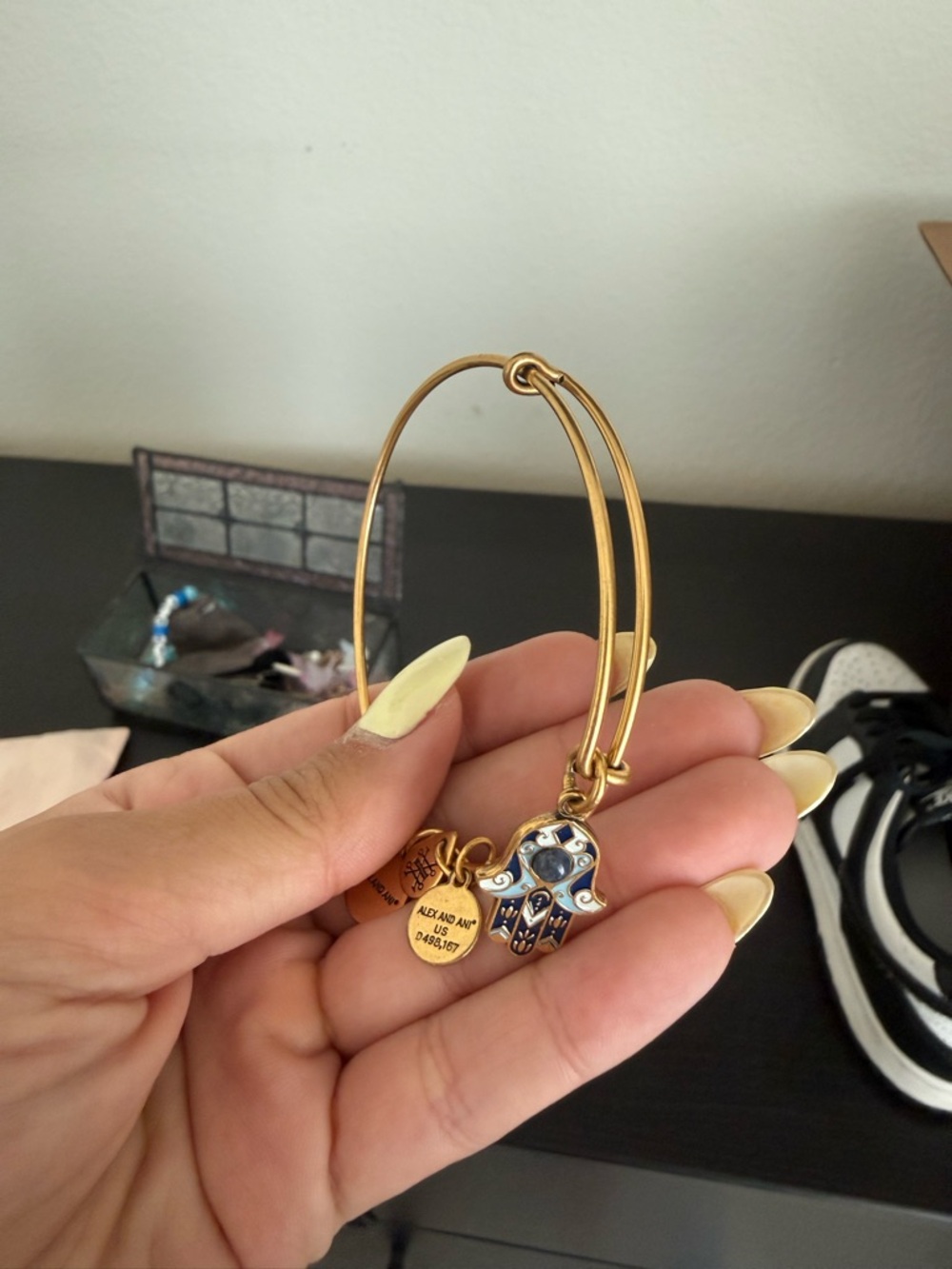 Alex and Ani Gold-Tone Hamsa Charm Bangle with Blue Enamel Accents